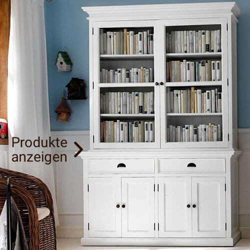 weißer Bücherschrank mit Vitrine und Schubladen