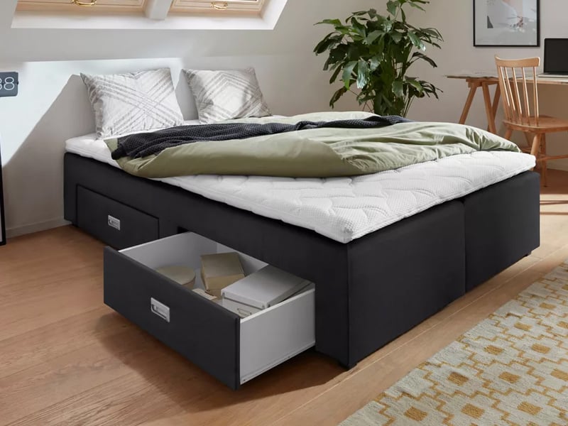 Boxspringbett mit Bettkasten in dunklem Bezugsstoff