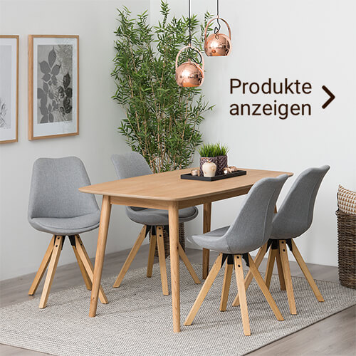 Esstisch im Skandi Stil mit grauen Stühlen