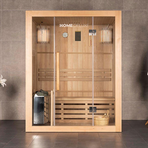 Es ist eine Holzsauna abgebildet.