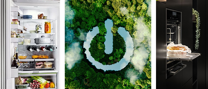 Drei Bilder zum Thema Energiesparen. Das erste Bild zeigt einen geöffneten und gut gefüllten Kühlschrank. Das zweite Bild zeigt einen Urwald von oben in dem ein See die Form eines Stromzeichens bildet. Das dritte Bild zeigt einen geöffneten Herd mit einem frischgebackenen Brot in einer modernen, schwarzen Küche.