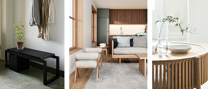 Drei Bilder mit Einrichtung im Japandi-Look. Eine schwarze Bank mit einer Sitzfläche aus Lamellen und einer ebenfalls schwarzen Stauraum-Box. Ein Wohnzimmer mit einer Sitzbank und einem Sofa aus hellem Holz mit weißen Sitzpolstern. Ein Beistelltisch aus hellem Holz mit einer umlaufenden Verkleidung aus Holzlamellen.